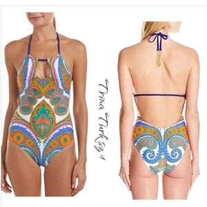 NWT Trina Turk Pacific Paisley High Neck Halter One Piece Swimsuit sz 4